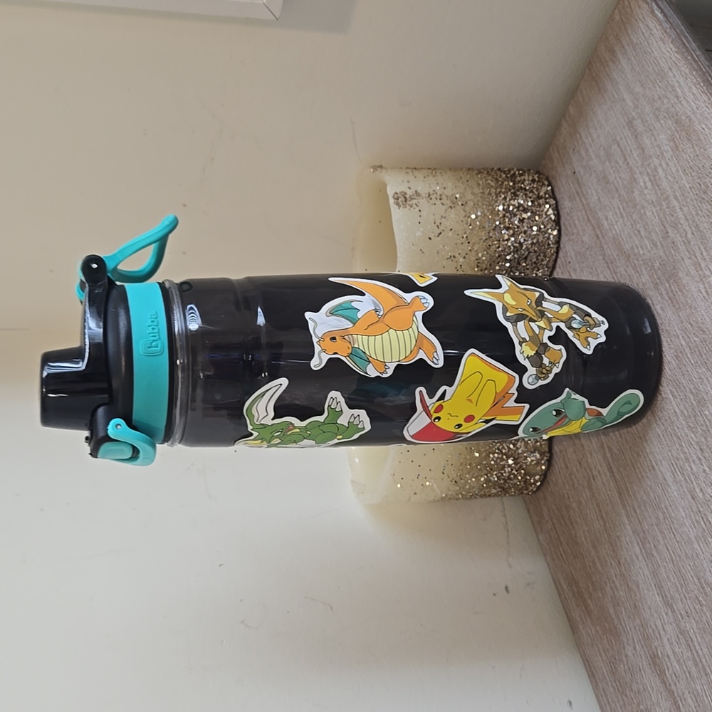 Bubba Double Walled Flip Lid Water Bottle Black & Teal With Pokemon Stickers